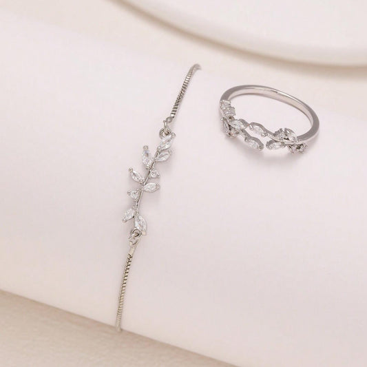 2pcs Silver Horse Eye Crystal Zircon Leaf Bracelet And Ring