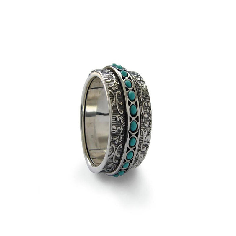 Retro Embossed Blue Turquoise Ring