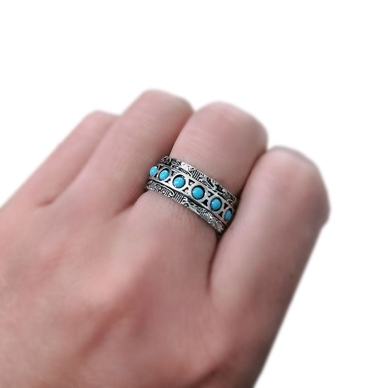 Retro Embossed Blue Turquoise Ring