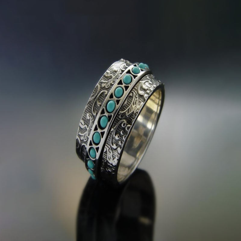 Retro Embossed Blue Turquoise Ring